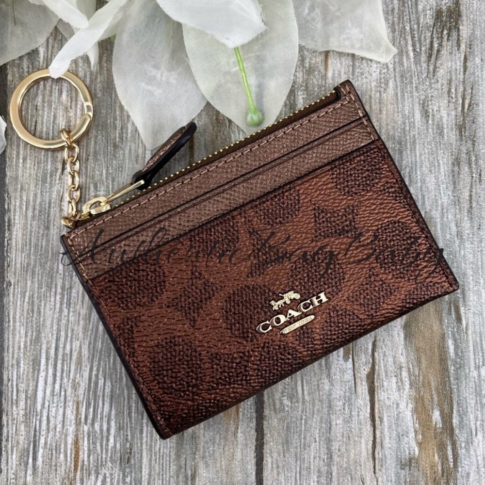 Coach Mini Skinny Keychain Id Case In Signature Canvas & Copper Metallic Wallet